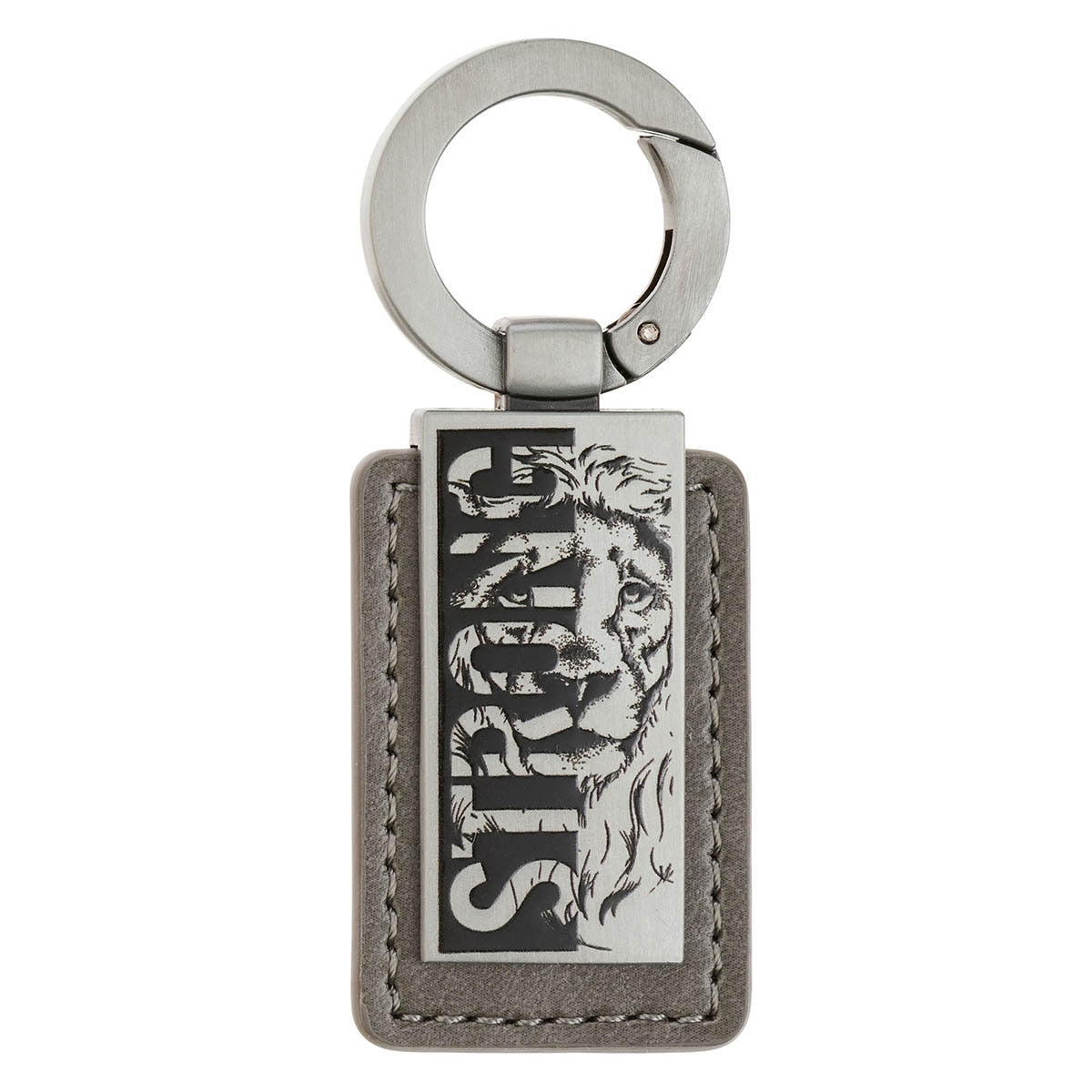 Gray faux leather keychain with silver Strong lion plate and spring-gate ring
