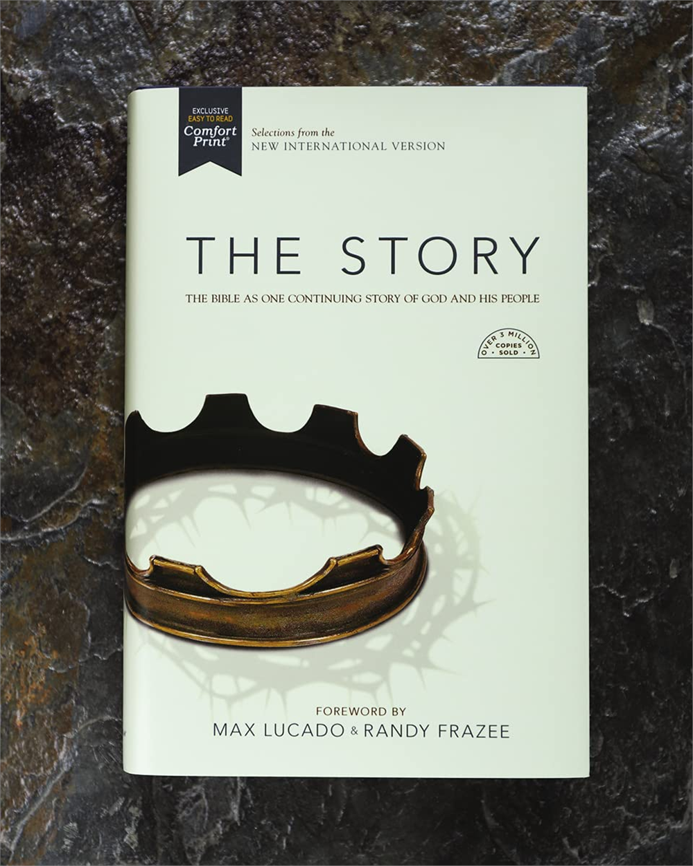 Front cover of The Story, NIV with a crown design, resting on a dark stone surface.