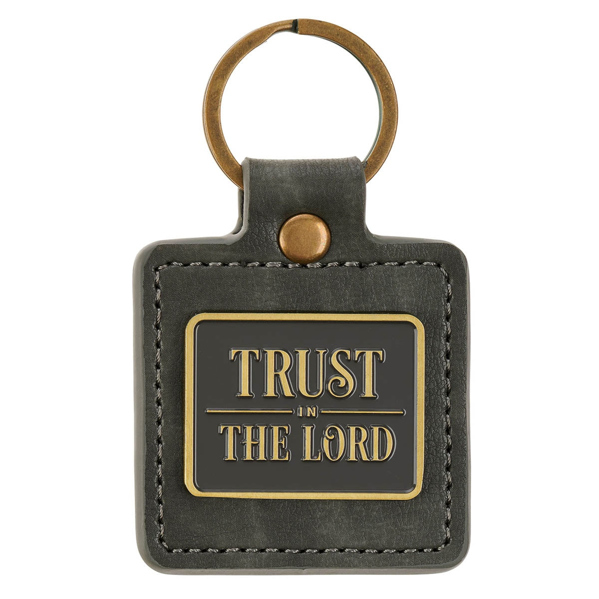Gray faux leather Trust in the Lord keychain with antique gold frame and ring